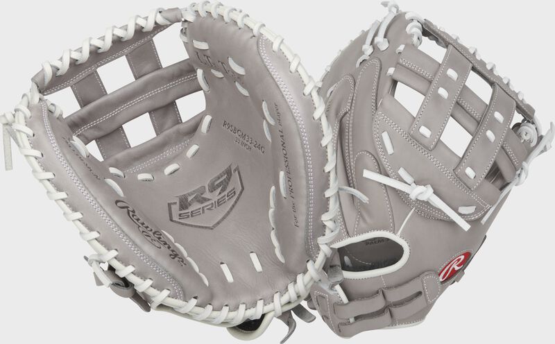 Two images showing the palm & back of a gray R9 Series 33" fastpitch catcher's mitt loading=
