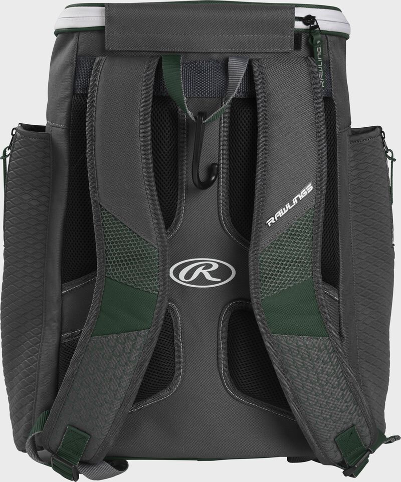 Back of a dark green Rawlings Impulse baseball backpack with gray shoulder straps - SKU: IMPLSE-DG
