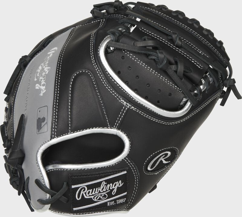 Back of a black 32-Inch Encore catcher's mitt with a black Rawlings patch - SKU: ECCM32-23B loading=