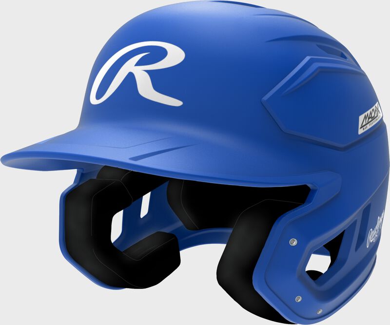 Front left of a royal Rawlings Mach-X Max Performance batting helmet loading=