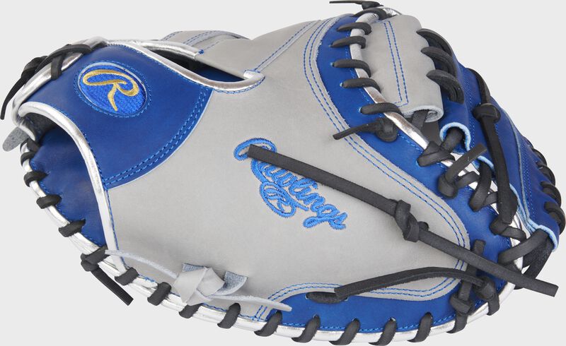 Thumb of a gray Heart of the Hide R2G 33" catcher's mitt with a royal 1-piece solid web - SKU: RSGPRORCM33GR