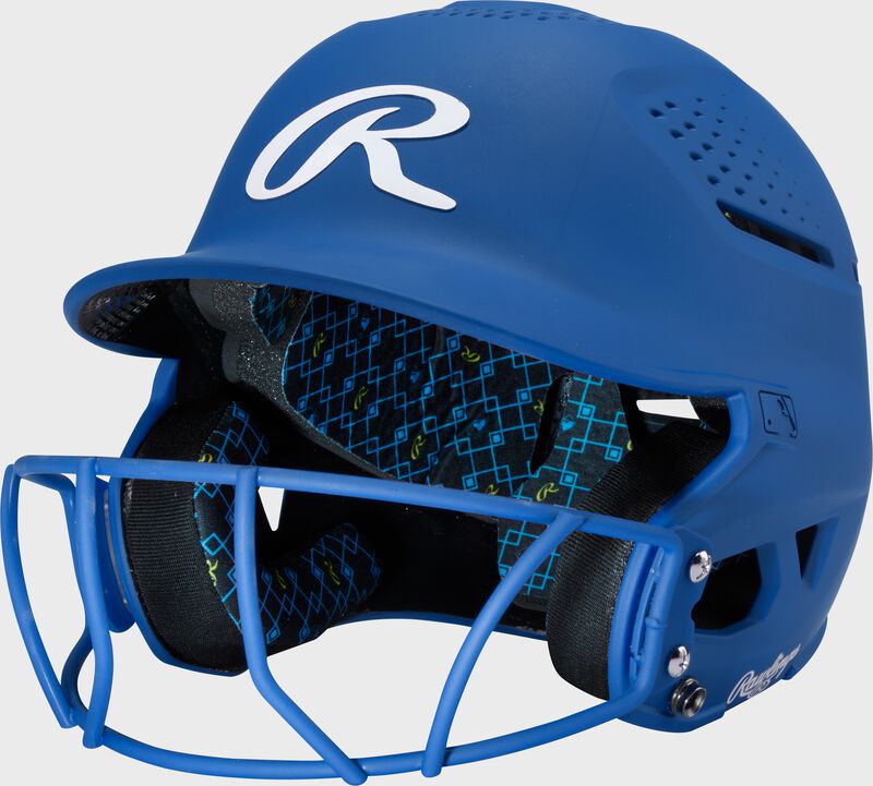 Front left of a royal Rawlings RX2 fastpitch batting helmet