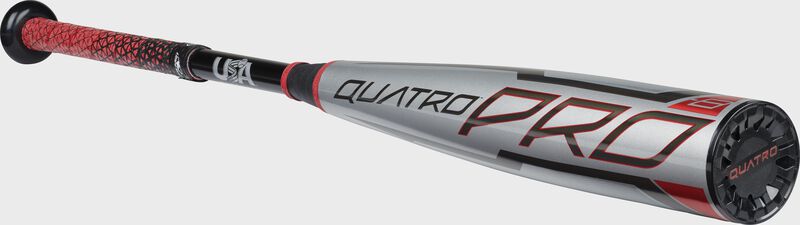 Angled view of a Rawlings 2021 Quatro Pro USA bat - SKU: US1Q8