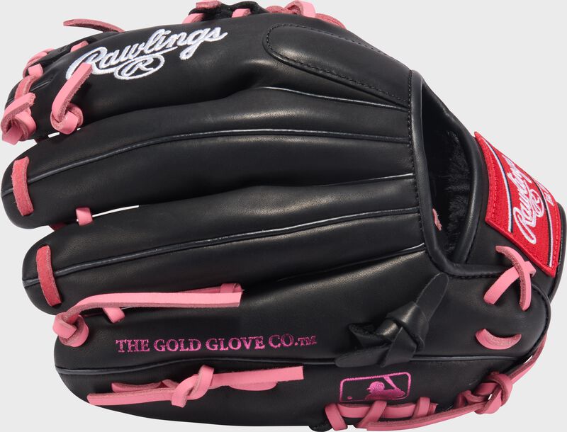 Black back of a Rawlings R9 ContoUR 11.25-Inch Infield Glove with the MLB logo on the pinky loading=