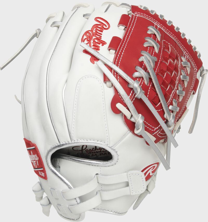 Back of a white/scarlet Liberty Advanced 12.5-Inch basket web glove with a pull strap back - SKU: RLA125-18WSP loading=