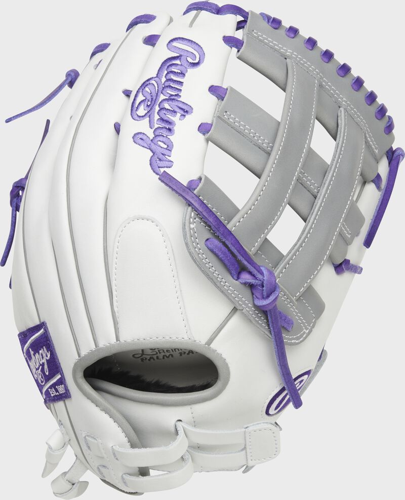 Back of a white/purple Liberty Advanced Color Series outfield glove with a pull strap back - SKU: RLA1275SB-6WPG loading=