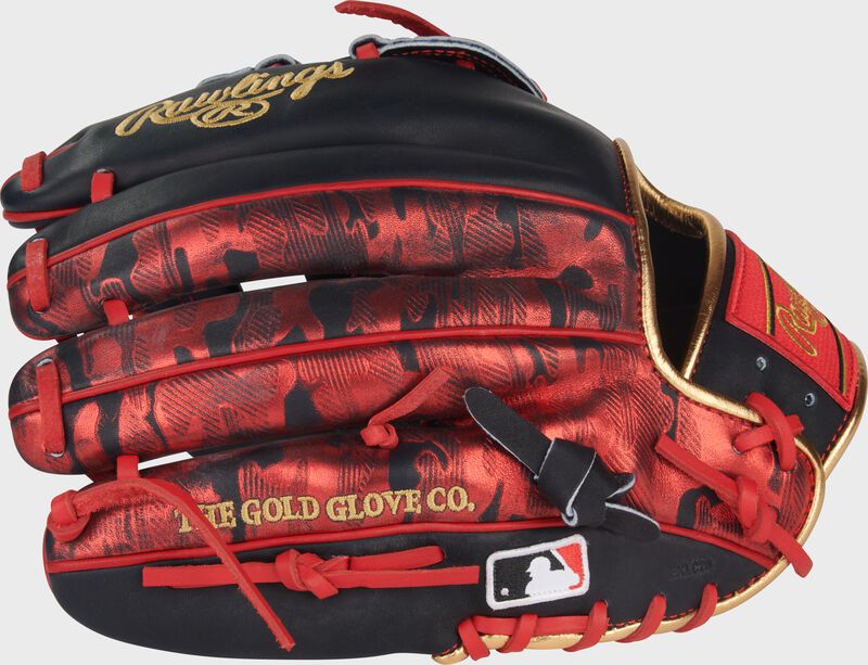 Scarlet foil stamped back of a Nolan Arenado Heart of the Hide 12-Inch Infield Glove with the MLB logo on the pinky