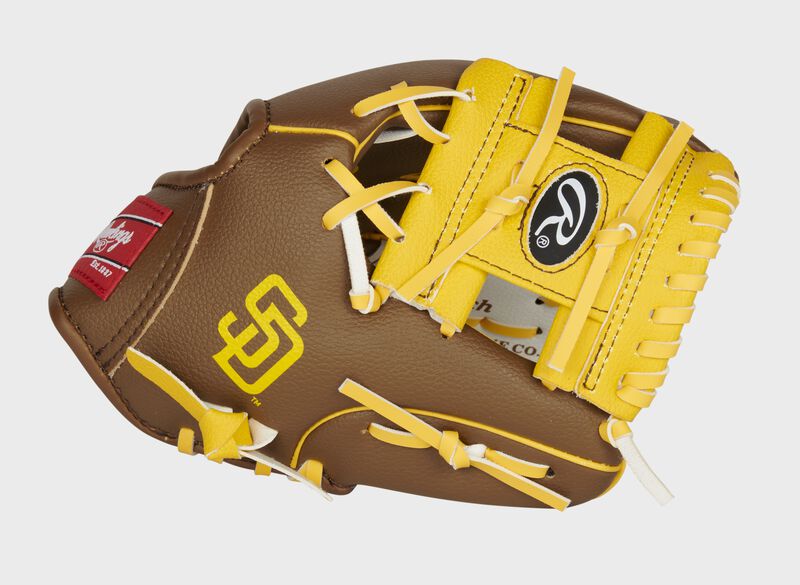 Thumb of a brown/white San Diego Padres 10-Inch team logo glove with a tan I-web and SD logo on the thumb - SKU: 22000019111 loading=