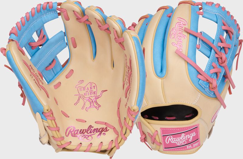 Two images showing the palm & back of a camel/Columbia blue Heart of the Hide 11.5" infield baseball glove
