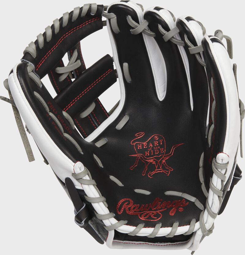 Black palm of a Rawlings Heart of the Hide infield glove with scarlet palm stamp and gray laces - SKU: PRO314-32BW