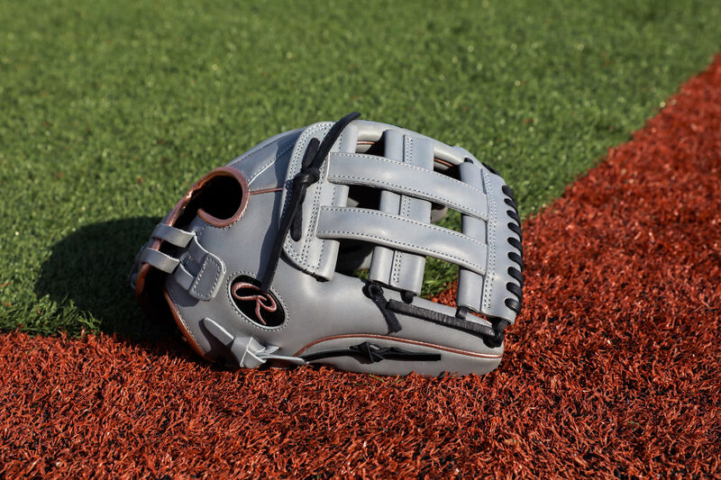 A gray Liberty Advanced Color Series 12.75-Inch outfield glove with a gray H-web on a field - SKU: RLA1275SB-6GRG loading=
