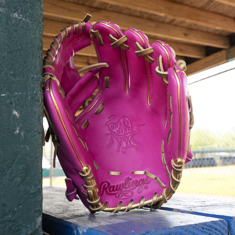 Picture of the palm of an Exclusive 11.5" R2G Heart of the Hide Berry infield glove leaned against a wall