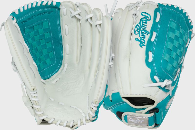 Two images showing the palm & back of a white/teal Shut Out 13-inch Fastpitch Softball Glove