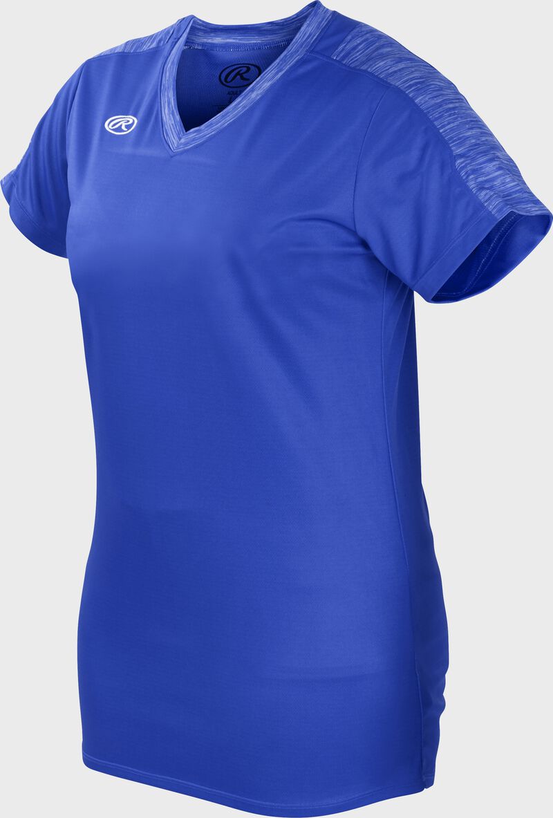 Front of Rawlings Women's Royal Adult Short Sleeve Launch Jersey - SKU #WLNCHJ-R loading=