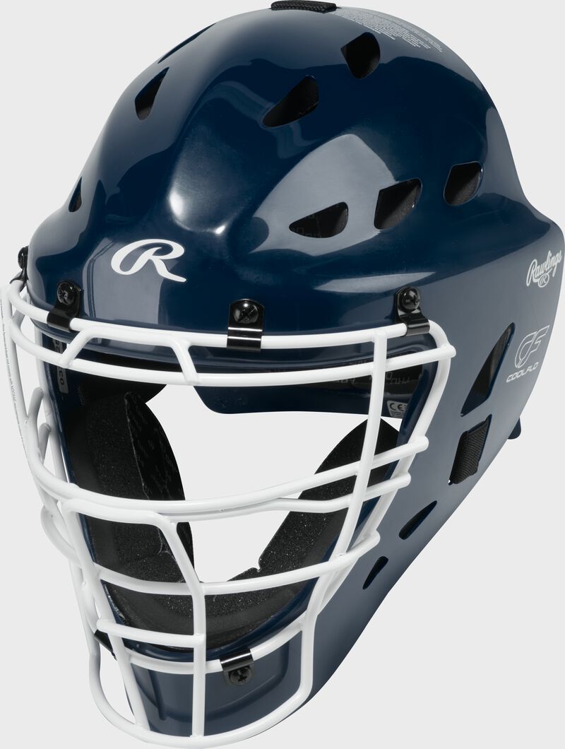A navy Rawlings Players 3 Series catcher's helmet