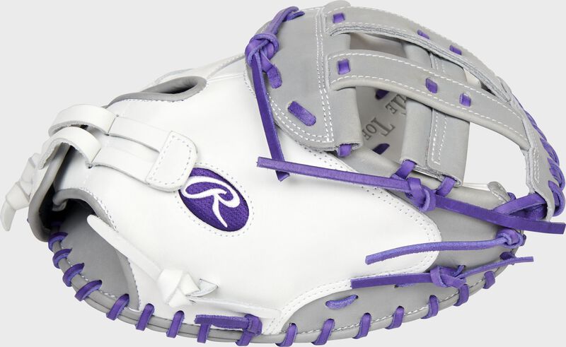 Thumb of a white/gray/purple Liberty Advanced Color Series 34-Inch catcher's mitt with a gray H-web - SKU: RLACM34FPWPG loading=