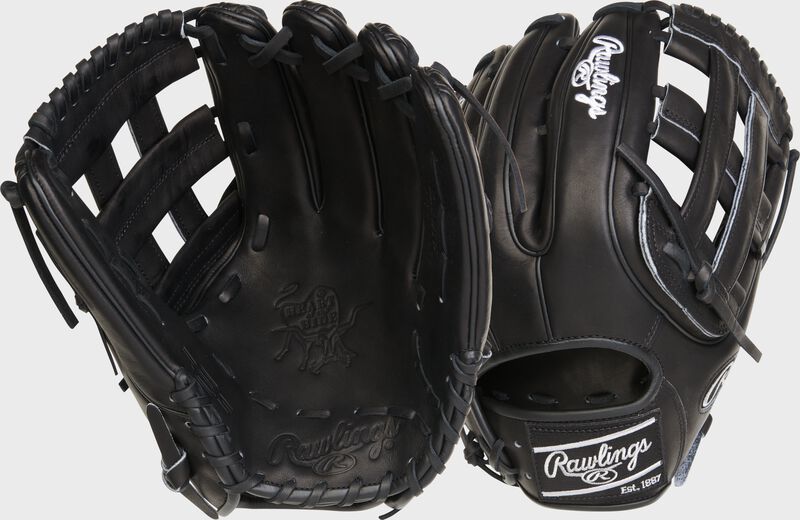 2 images showing the palm and back of a blackout HOH R2G 12.75" outfield glove - SKU: RSGPROR3319-6B
