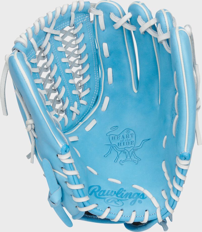 Columbia blue palm of a Rawlings Heart of the Hide softball glove with white laces loading=