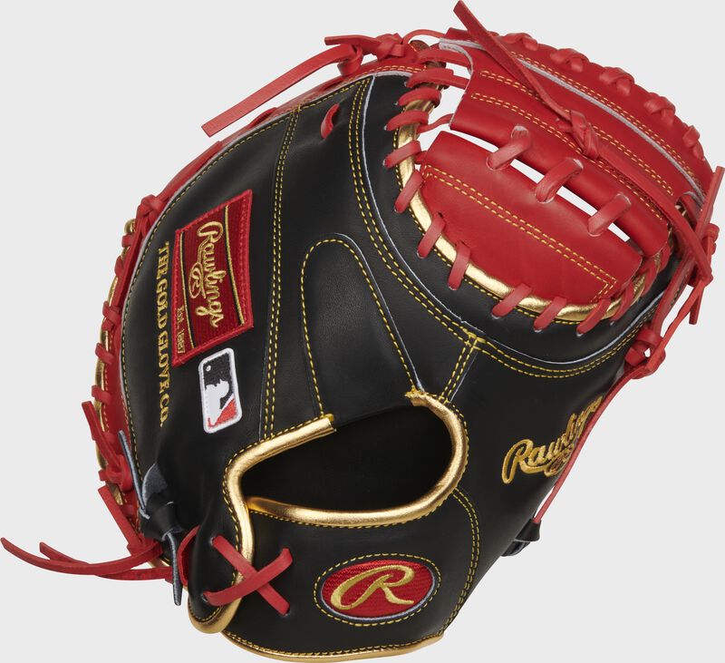 Black back of a 32.5" Heart of the Hide R2G ContoUR Fit catcher's mitt with a red Oval-R on the wrist - SKU: PRORCM325US