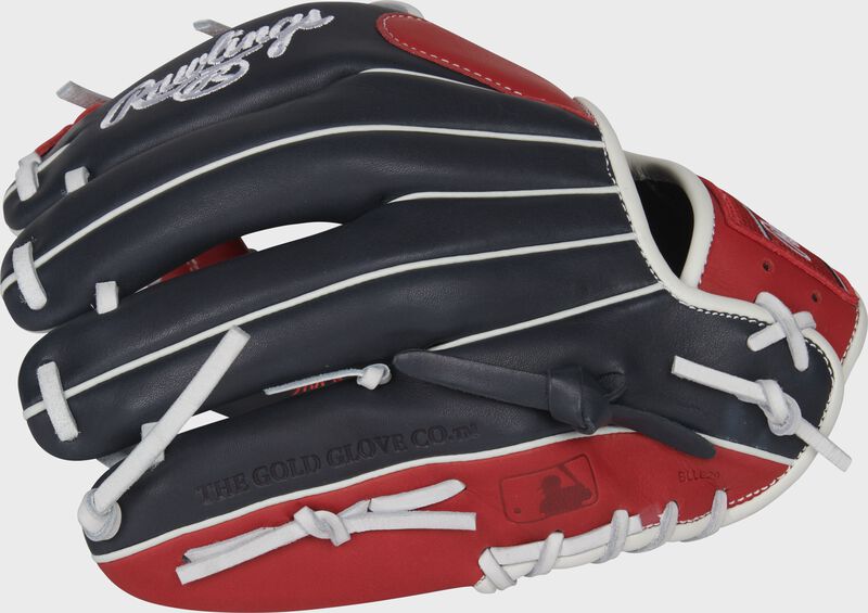 Pinky back view of black, red, and white 2022 Breakout 11.5-inch infield glove loading=