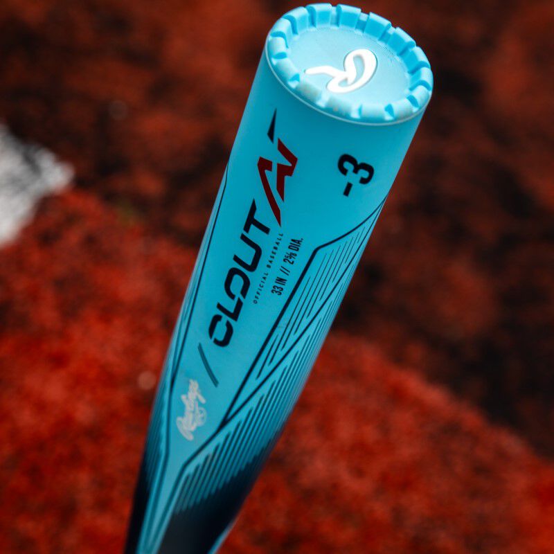 End of a light blue Rawlings Clout AI BBCOR bat with a field in the background