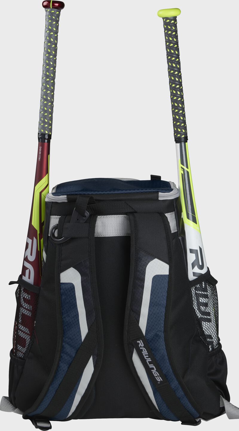 Back of a black/navy R500 team backpack with two bats in the side sleeves