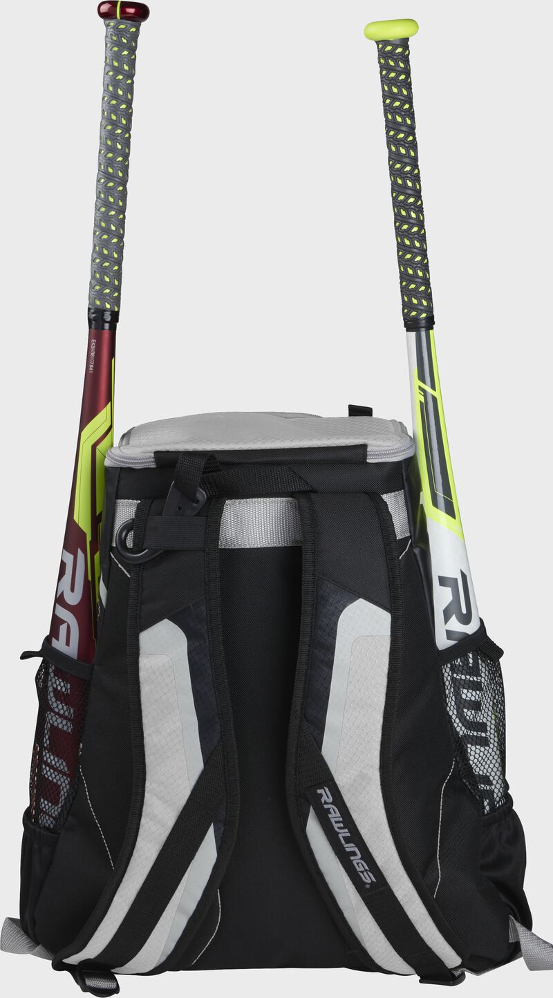 Back of a black/white R500 team backpack with two bats in the side sleeves