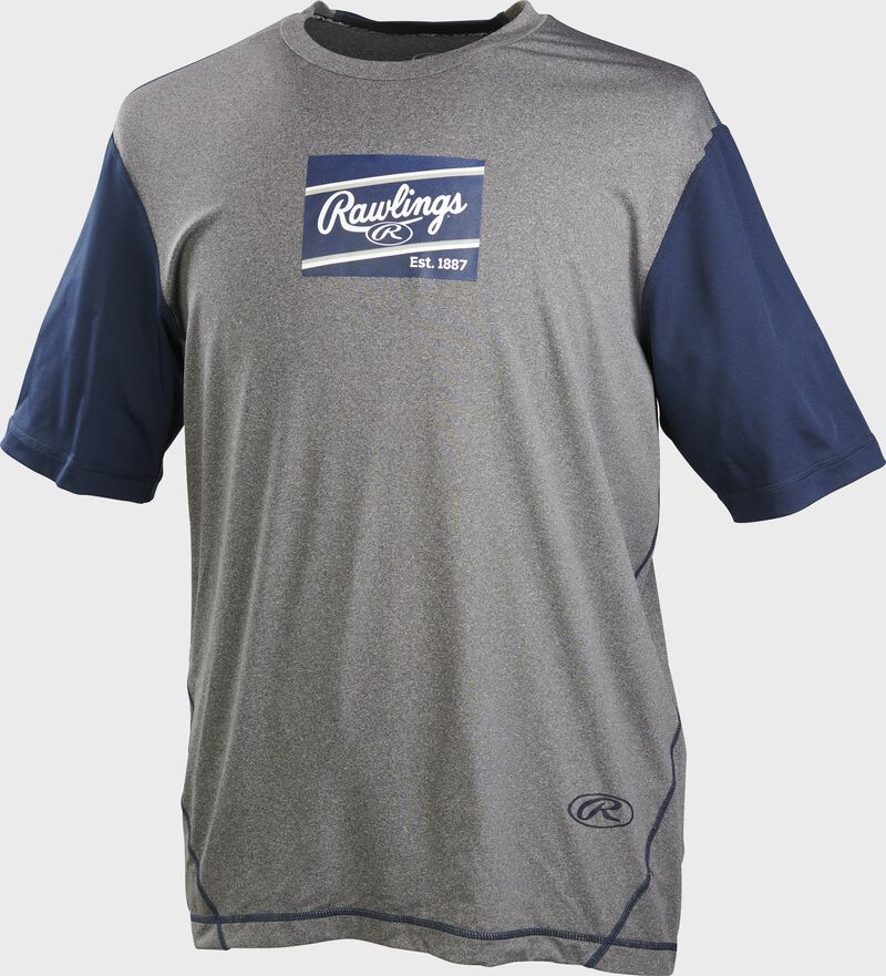 A gray/navy Rawlings adult Hurler performance short sleeve shirt with a navy Rawlings logo on the chest - SKU: HSSP-GR/N loading=