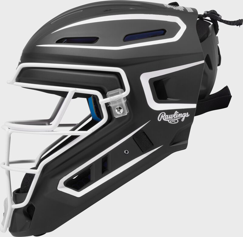 Left side of a black Rawlings Mach Pro Series catcher's helmet