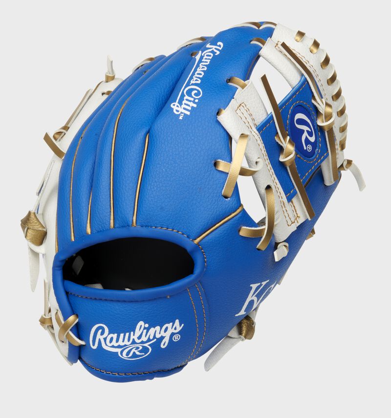 Back of a blue/white Kansas City Royals 10-inch I-web glove with a red Rawlings patch - SKU: 22000026111