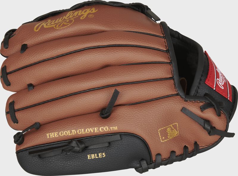 Back of a dark tan/black Rawlings 10.5-Inch Player Series glove - SKU: PL105DTB