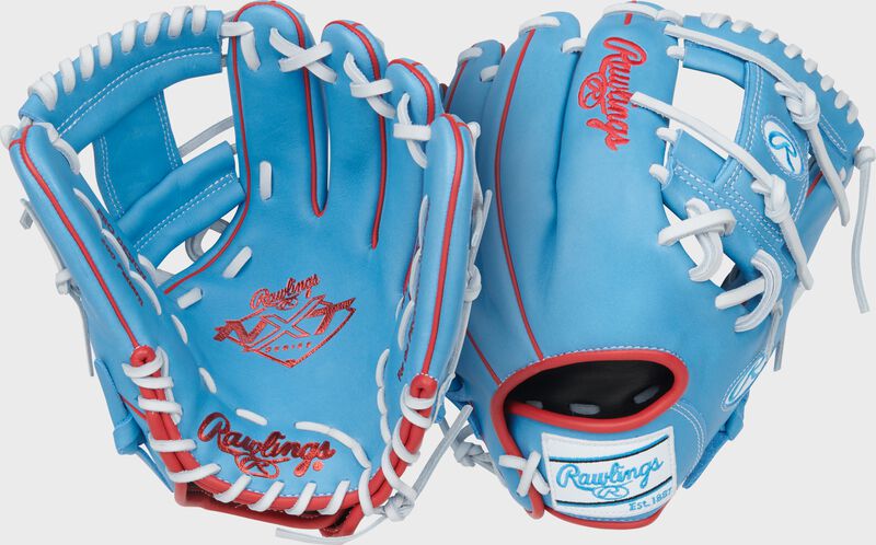 Two images showing the palm & back of a Columbia blue Rawlings NXT Series 11.75-Inch Infield Glove