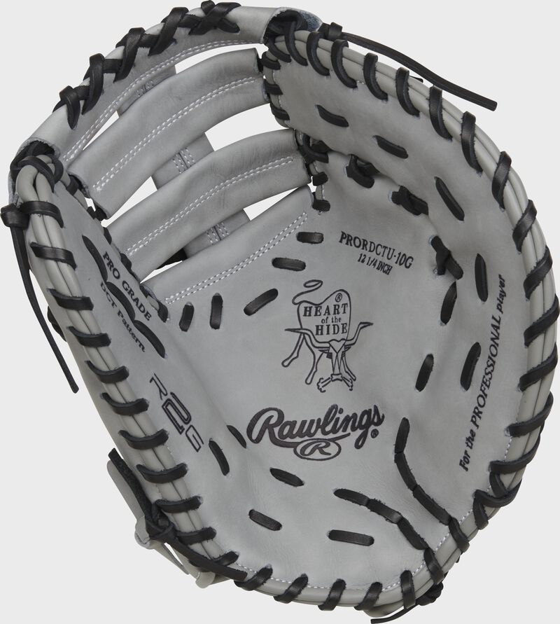 Gray palm of a Rawlings Heart of the Hide R2G ContoUR fit first base mitt with black stamping and black laces - SKU: PRORDCTU-10G