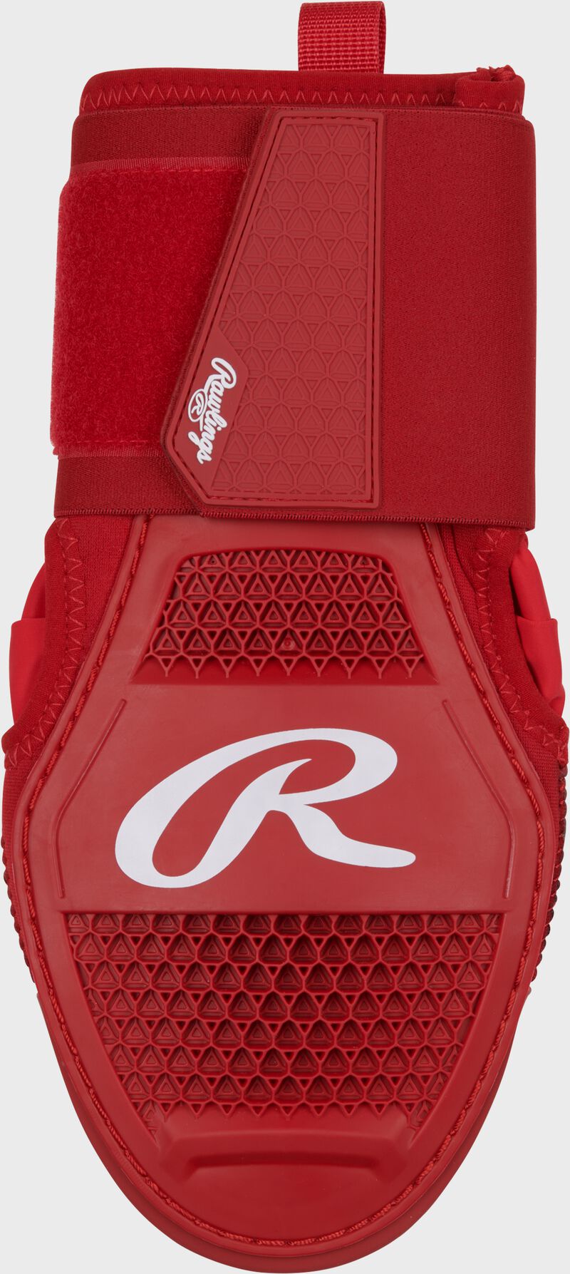 Back of hand of a scarlet Rawlings sliding mitt with a white "R" logo