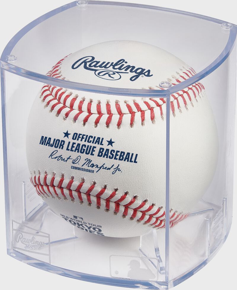 A white 2025 MLB World Tour Tokyo Series baseball in a clear display cube