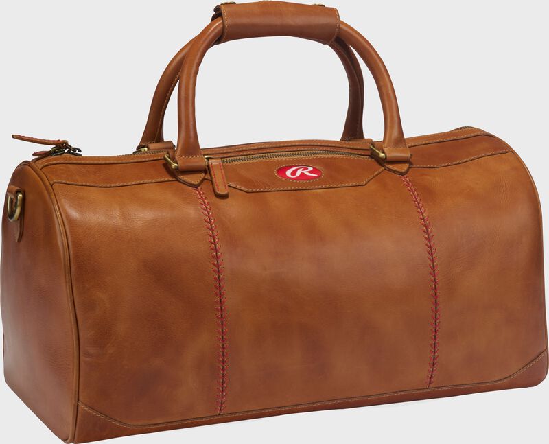 Front angle view of a tan Double Play duffle bag