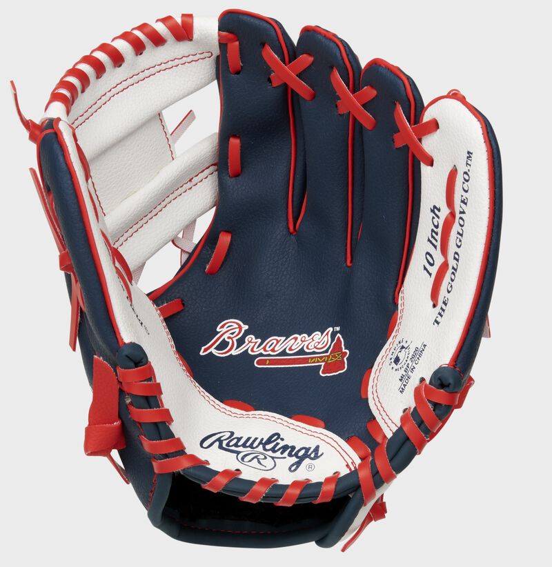 A navy/white Rawlings Atlanta Braves youth glove with the Braves logo stamped in the palm - SKU: 22000005111