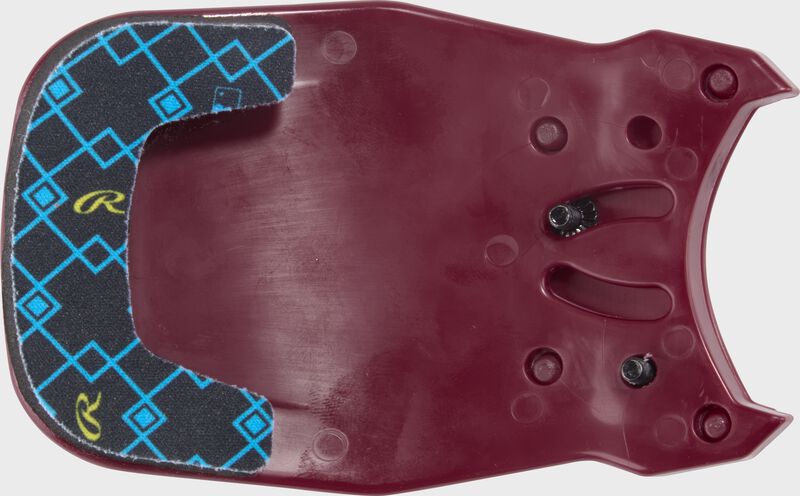 Inside of a maroon Rawlings RX2 Reverse adjustable batting helmet extension with black padding