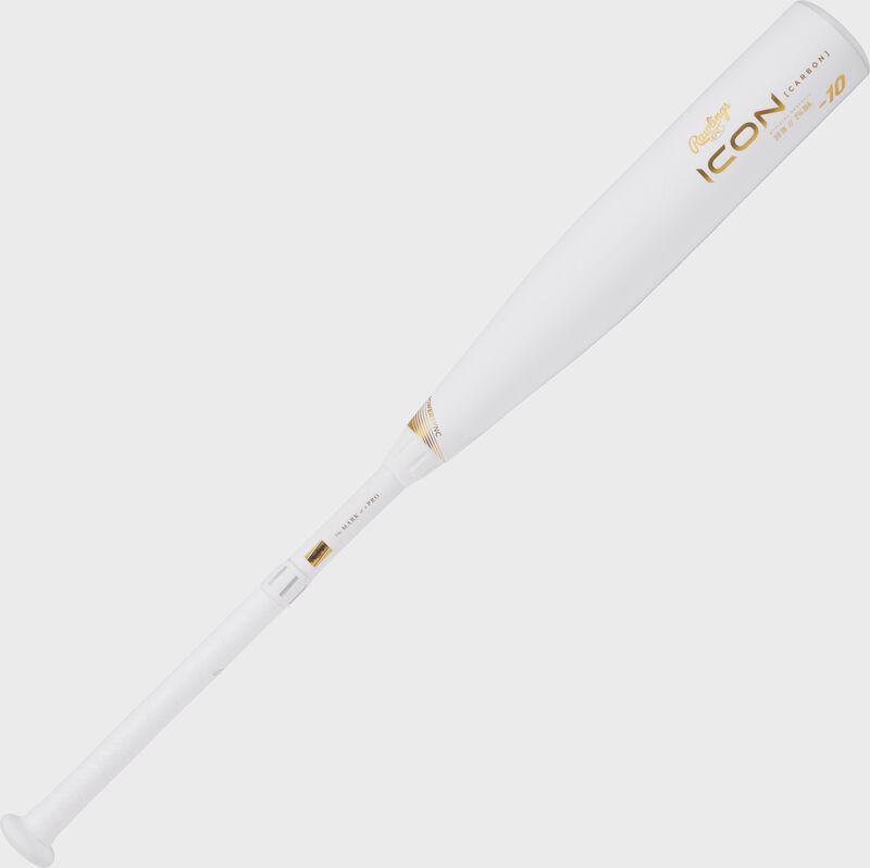 A white 2024 Rawlings Icon USSSA baseball bat with gold accents angled from bottom left to top right - SKU: RUT4I10 loading=