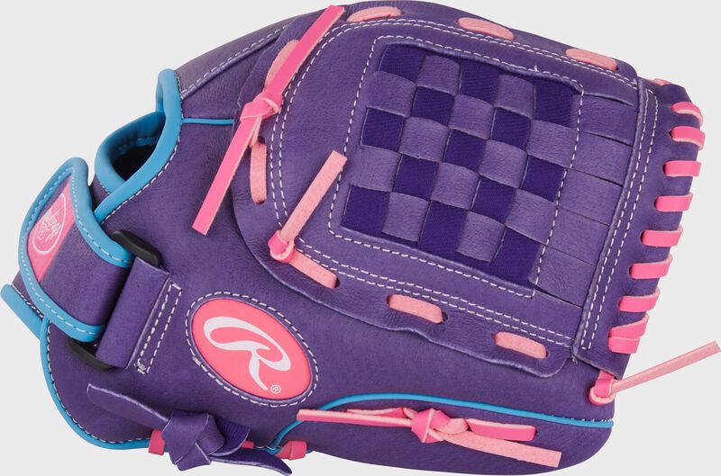 Thumb of a purple/Columbia blue/pink Sure Catch Softball 11-inch Youth Softball Glove loading=