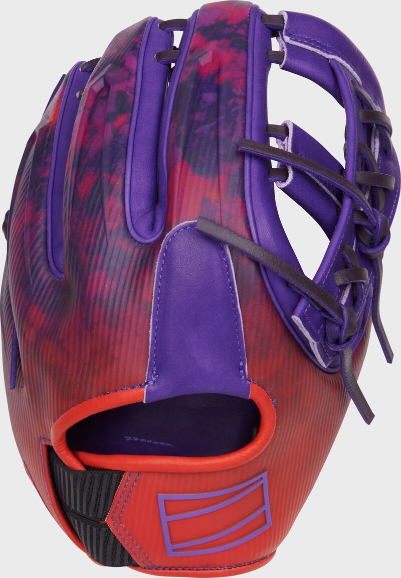 Purple/orange design back of a Rawlings Francisco Lindor REV1X infield glove loading=