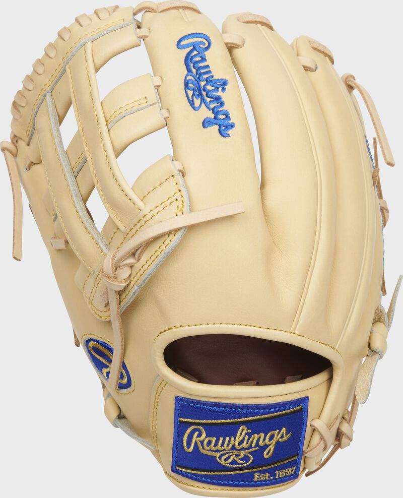 Back of a camel Heart of the Hide R2G Kris Bryant pattern glove with a royal Rawlings patch - SKU: PRORKB17-RH