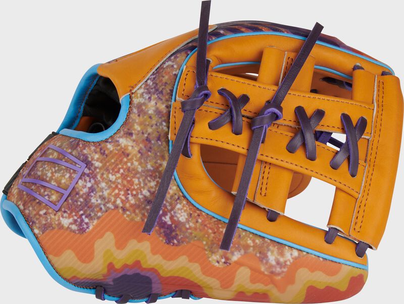 Thumb of a purple/orange exclusive REV1X 11.5" Francisco Lindor glove with a split laced single post web - SKU: REVFL12T loading=