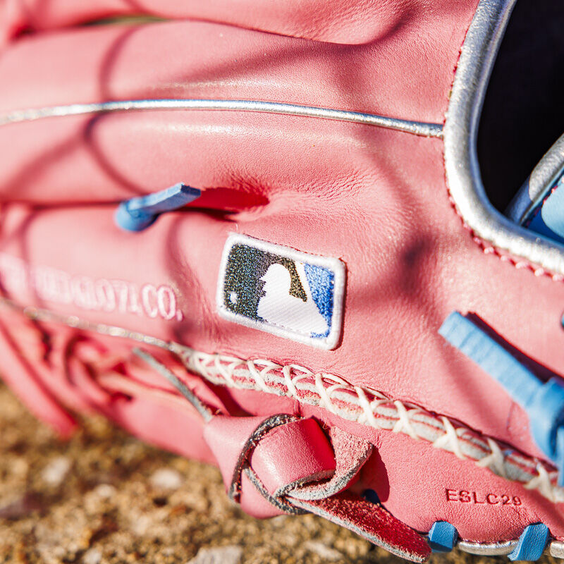 Picture of the MLB logo on the pinky of a Heart of the Hide R2G 11.5" infield glove