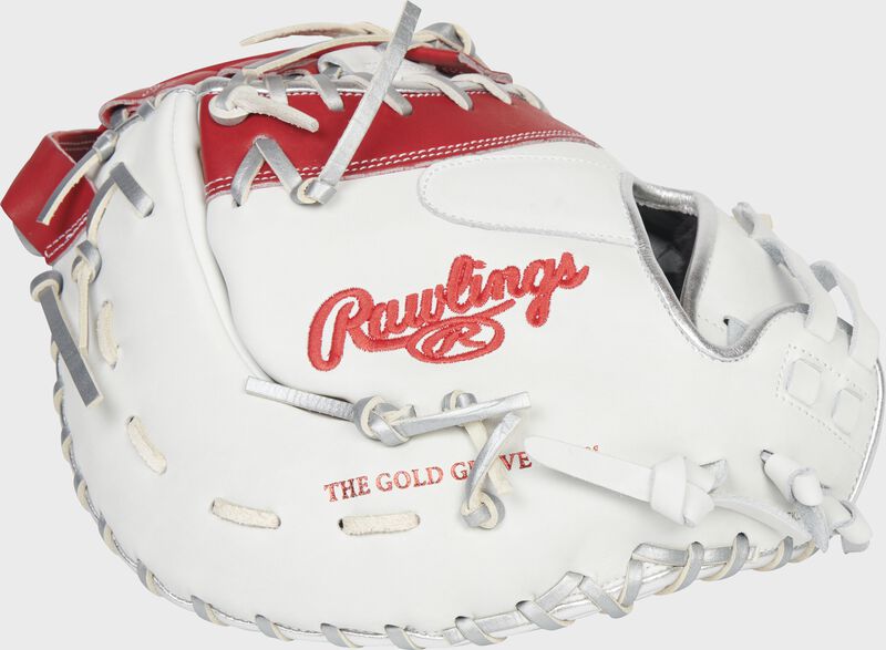 Back of a white/scarlet Liberty Advanced 1st base mitt - SKU: RLADCTSBWSP loading=