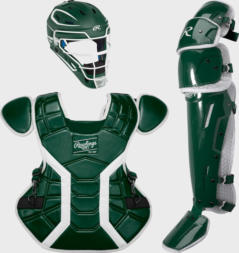 A dark green Mach Pro Series Catcher's set with a helmet, chest protector, and leg guards