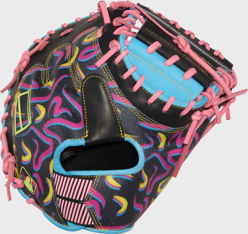 Back of a black/Columbia blue Rawlings REV1X 34-Inch Catcher's Mitt
