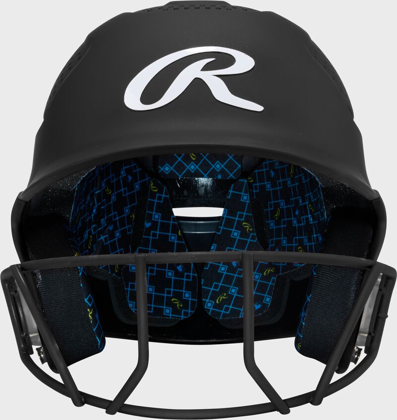 Front of a black Rawlings RX2 fastpitch batting helmet