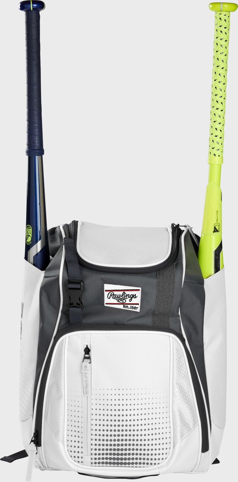 Front of a white Rawlings Franchise baseball backpack with two bats in the side sleeves - SKU: FRANBP-W