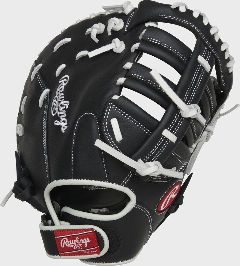 Black back of a Shut Out 12" fastpitch first base mitt with a Velcro wrist strap - SKU: RSOFBM12